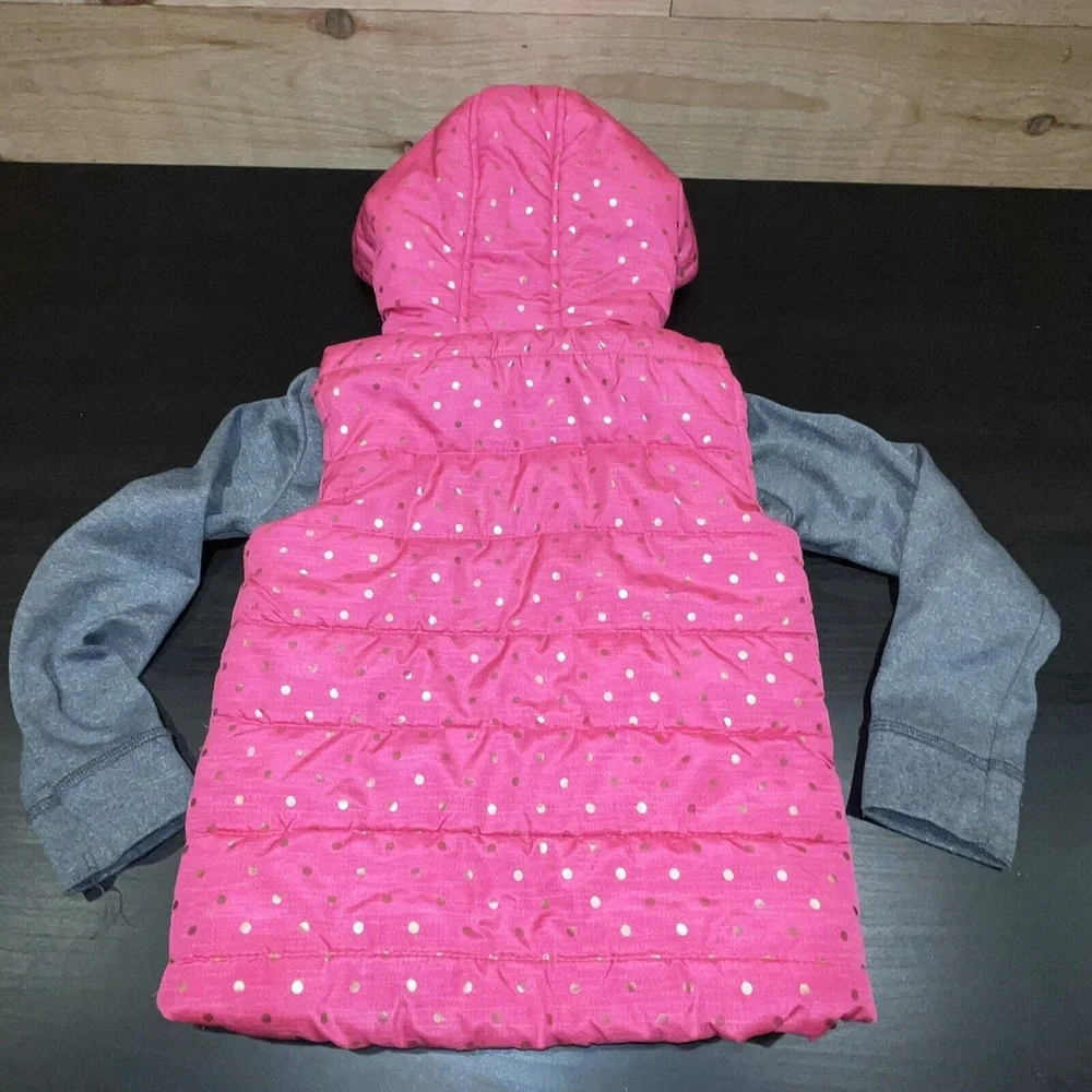 Body Glove Girls Pink Puffer Hooded Vest with Gray Lined Sleeves Size 6 GUC FLAW